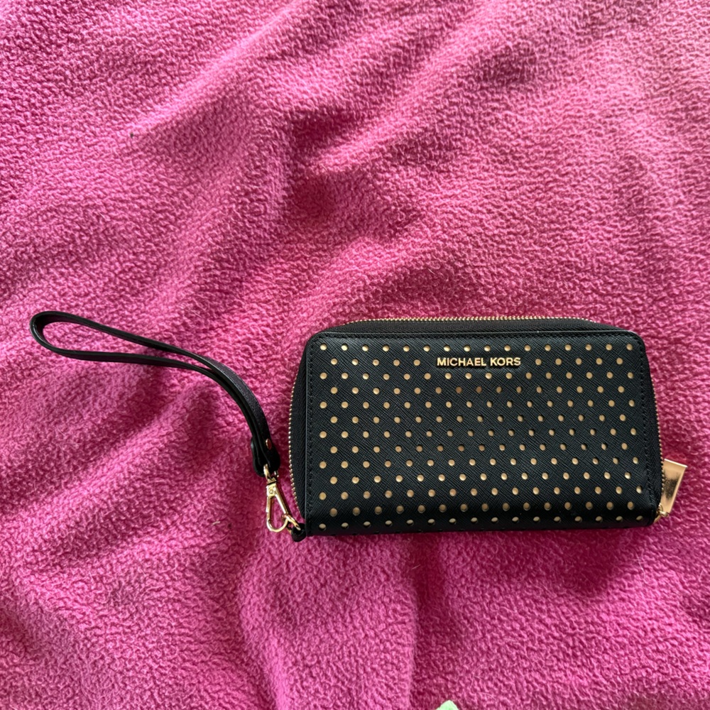 Michael Kors Black and Gold Dot Wristlet